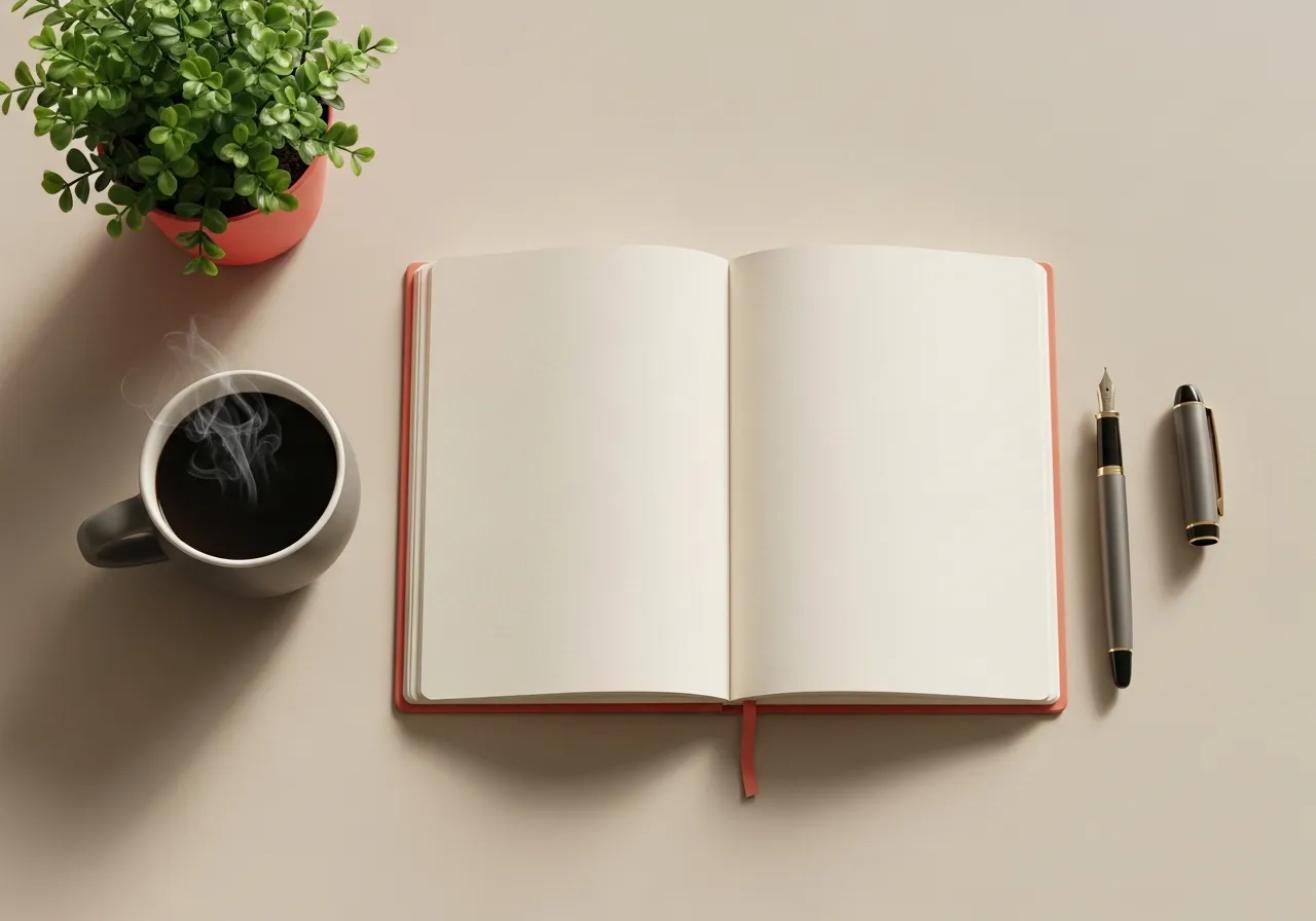 Content SEO: Redaktions-Schreibtisch mit Notizbuch und Kaffee