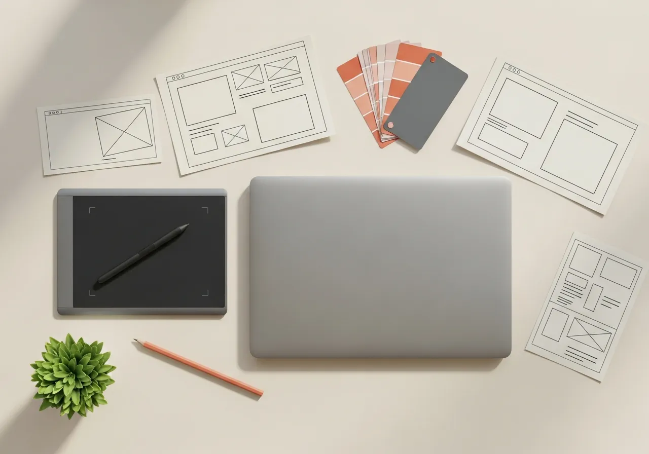 Kreativer Webdesign-Arbeitsplatz mit Laptop, Grafiktablett und Farbmustern